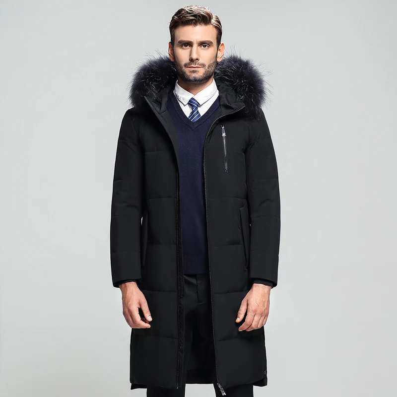 Новая модная брендовая зимняя мужская пуховая куртка с воротником из натурального меха, теплое мужское пальто на 90% белом утином пуху с капюшоном, зимние черные мужские длинные парки