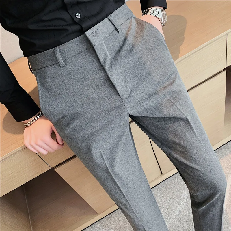 Новые однотонные мужские брюки высокого качества в британском осеннем стиле с вышивкой, Деловой Приталенный Повседневный Социальный Офисный костюм, брюки