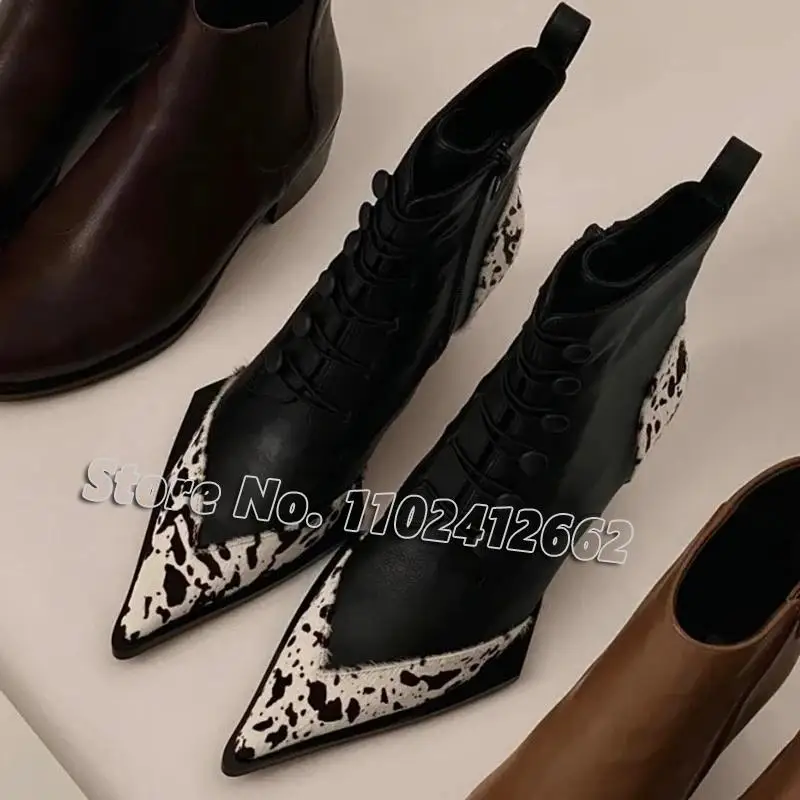 Новые черно-белые леопардовые ботинки, короткие ботинки с острым носком на квадратном каблуке, женская кожаная офисная обувь на толстой платформе, осень-зима