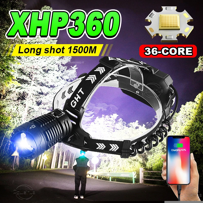 Новый XHP360 Мощный Светодиодный Налобный фонарь Высокой Мощности Налобный Фонарик USB Перезаряжаемый Светодиодный Налобный фонарь 18650 Для Кемпинга Налобный Фонарь
