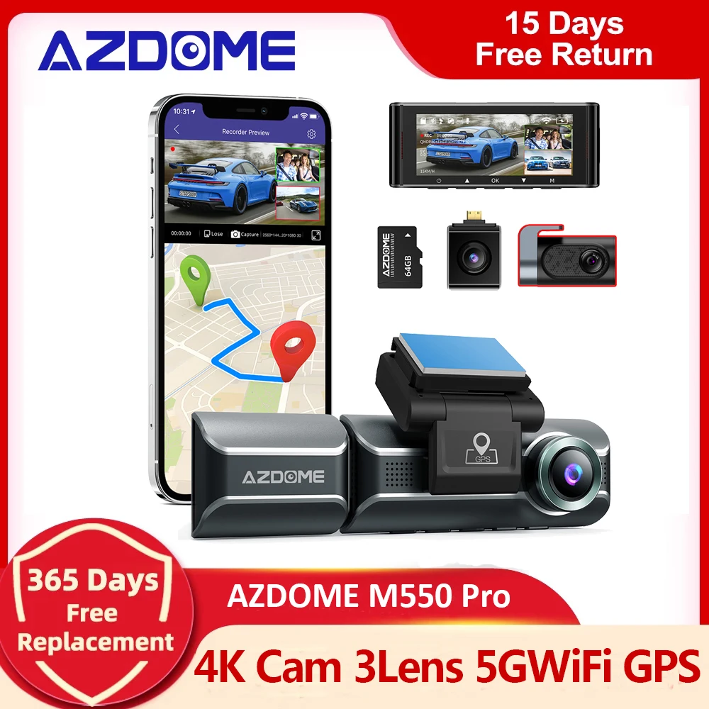 Обновление AZDOME Автомобильный Видеорегистратор M550 Pro Dash Cam 4K 5,8 ГГц WiFi 3 Камеры Спереди/В салоне/Сзади GPS Монитор Парковки Ночного Видения