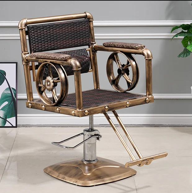 Парикмахерское кресло из кованого железа в стиле ретро из ротанга, парикмахерский салон, специальное регулируемое по подъему парикмахерское кресло