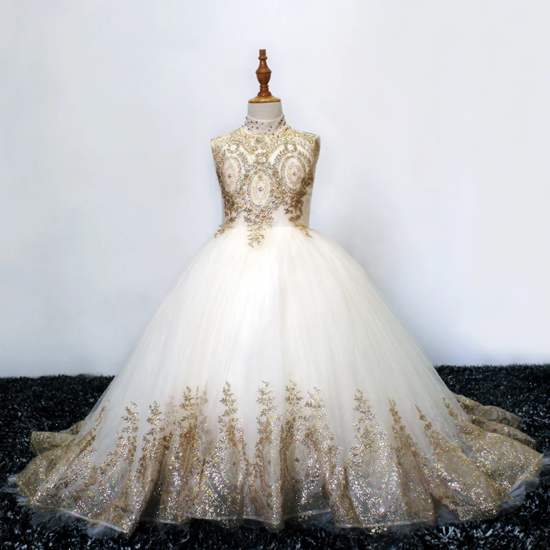 Платья с цветочным узором для девочек на свадьбу, тюлевые платья Принцессы с золотыми блестками, платья для Первого Причастия, праздничное платье для девочек