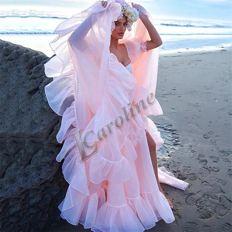 Пляжное розовое шифоновое сексуальное вечернее платье трапециевидной формы с квадратным воротником и оборками, вечерние платья для выпускного вечера, сшитое на заказ, бальное платье стрейч
