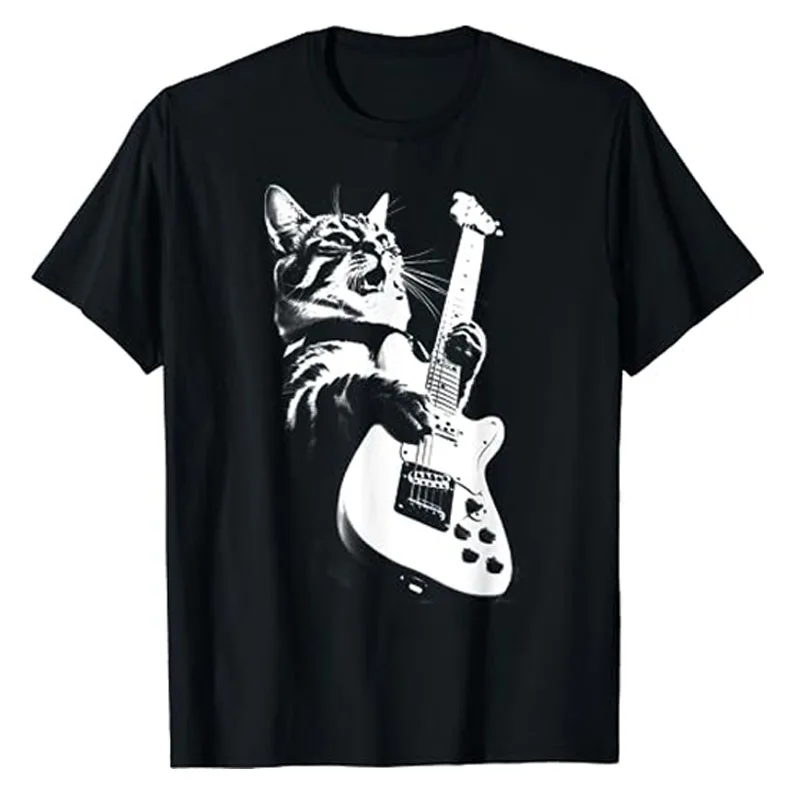 Рок-Кот Играет на гитаре - Забавная футболка с Гитарным котом, Юмористический Котенок, Графическая Футболка, Милые Музыкальные Рок-Комиксы, Наряды для котенка, Подарок