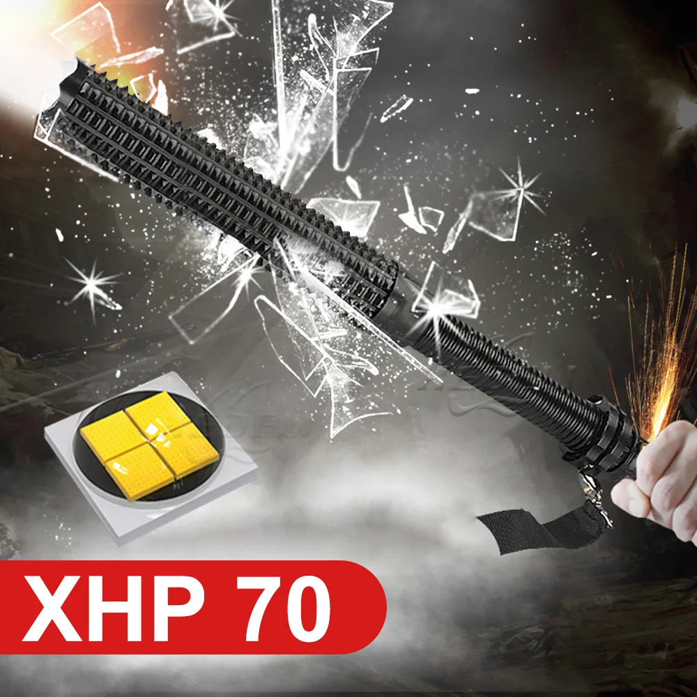 Самозащита XHP70 Мощный светодиодный фонарик, тактическая вспышка, Телескопическая летучая мышь, Перезаряжаемый Водонепроницаемый фонарь XHP50