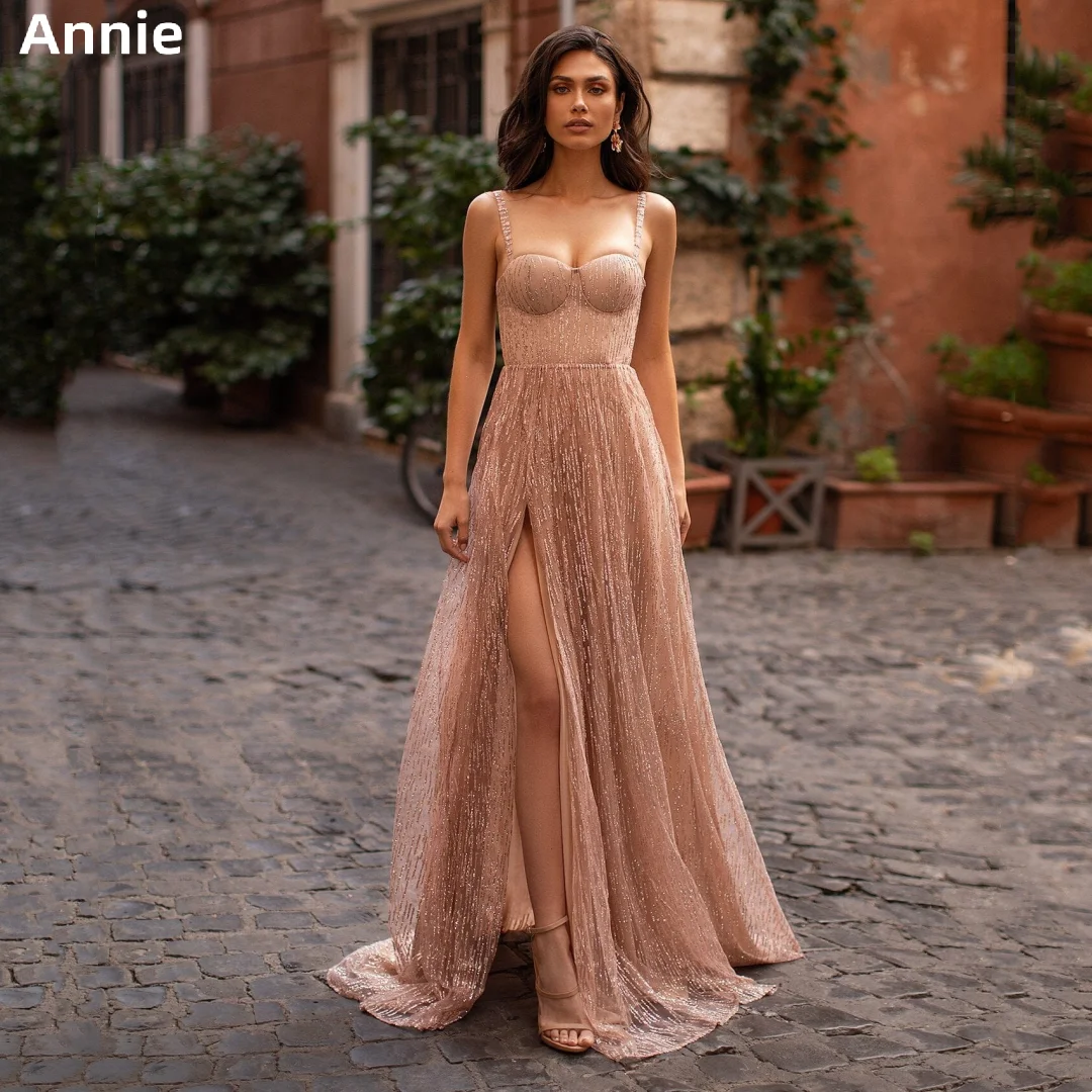 Светло-розовое вечернее платье Annie, Блестящие Подтяжки Трапециевидной формы, Платье для выпускного вечера, Длинный халат с разрезом по бокам, Vestidos De Noche