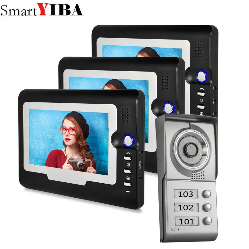 Система домофона SmartYIBA, 3 монитора, проводной 7-дюймовый цветной Видеодомофон, Видеодомофон для 3 домов