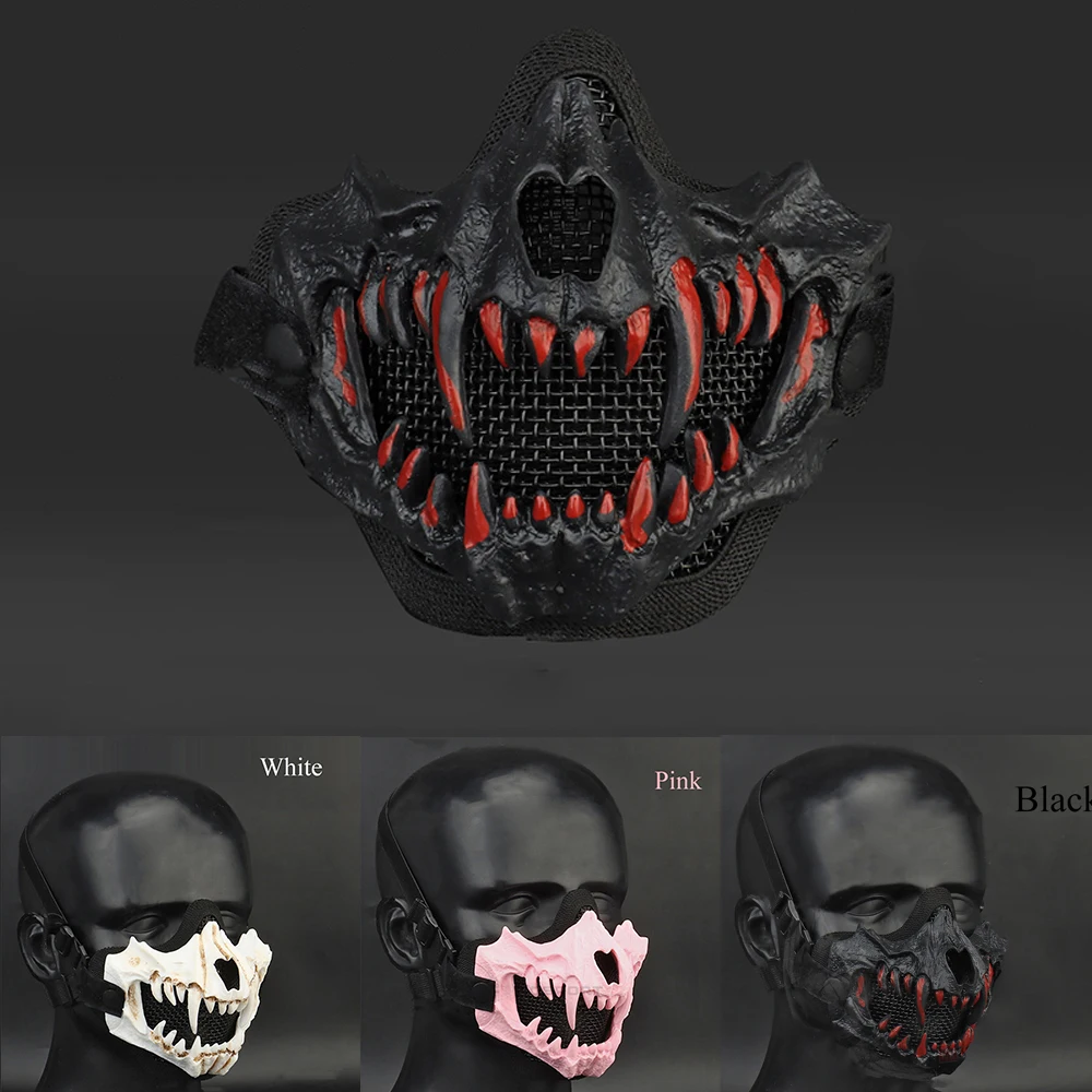Тактическая защитная маска с клыками, самооборона, CS Gaming, Косплей, Дышащая Двухслойная проволочная маска на половину лица, Черный, белый, розовый