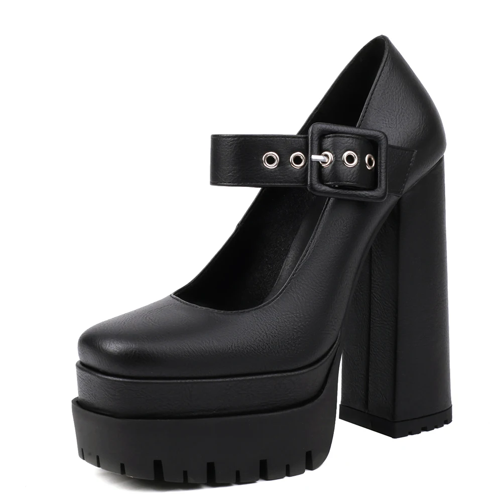 Туфли Mary Jane на чрезвычайно высоком блочном каблуке и платформе с пряжкой и квадратным носком, модные весенне-осенние туфли-лодочки с ремешком на щиколотке черного цвета
