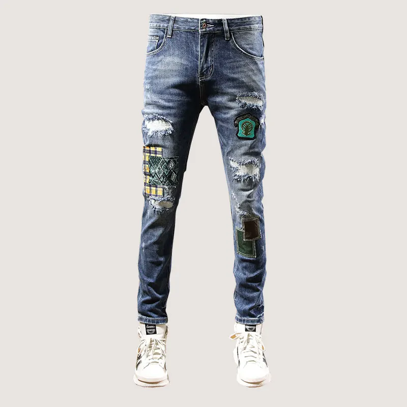 Уличная Мода, Мужские Джинсы, ретро Синие Эластичные Тонкие Рваные джинсы, Мужские Винтажные брюки С заплатками, Дизайнерские джинсовые брюки в стиле хип-хоп, Hombre