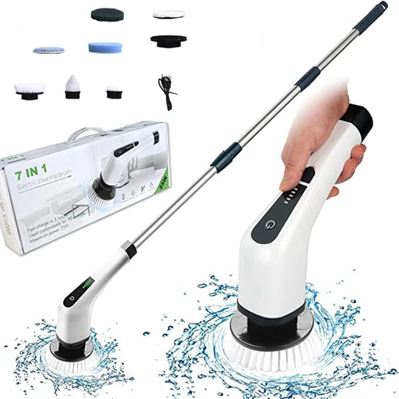 Электрическая скруббер для чистки Турбо-щетка с 7 сменными насадками, регулируемая ручка, инструменты для чистки кухни и ванной